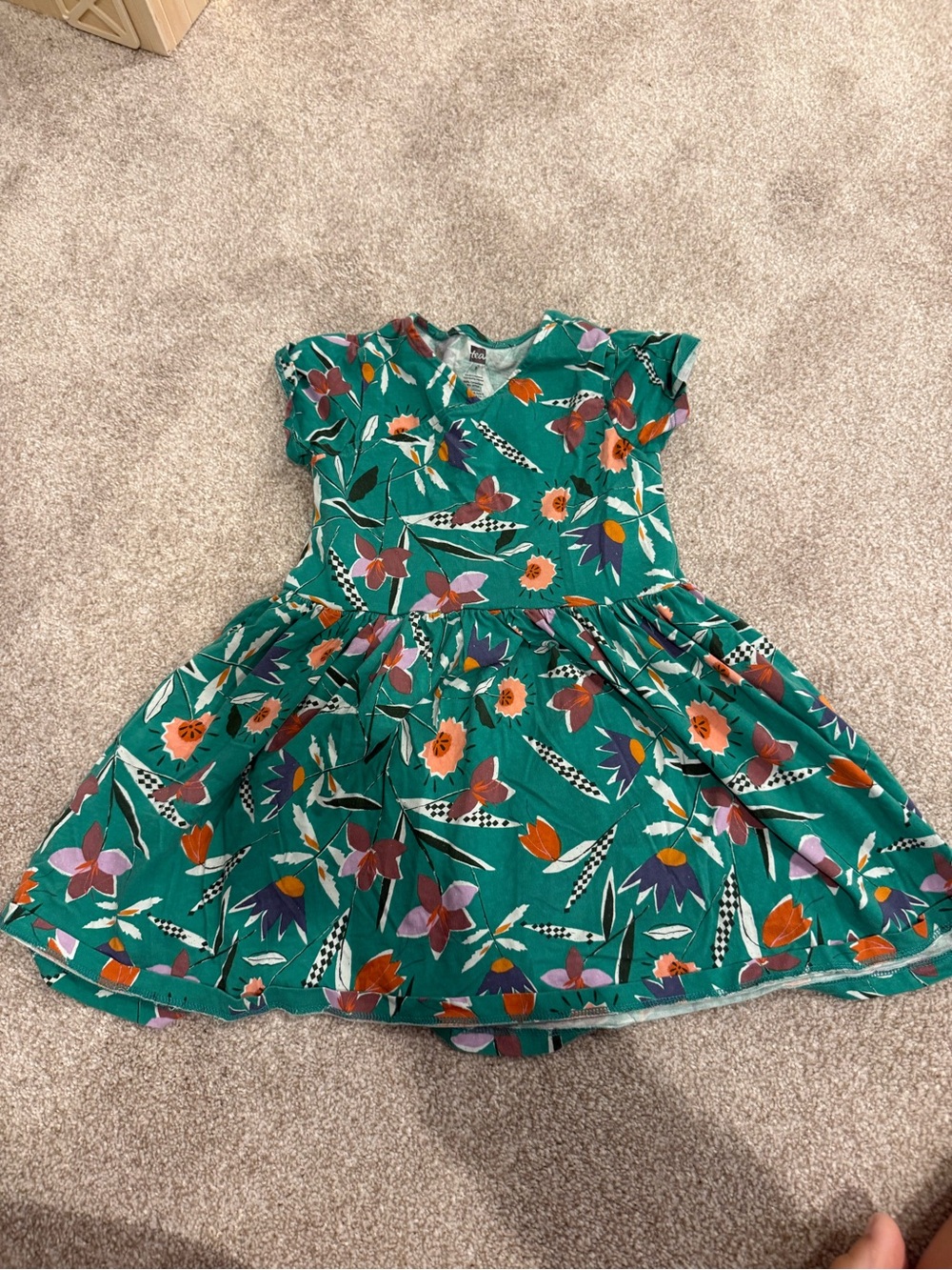 Tea Collection Teal Floral Flutter-Sleeve Dress with Orange & Purple Accents